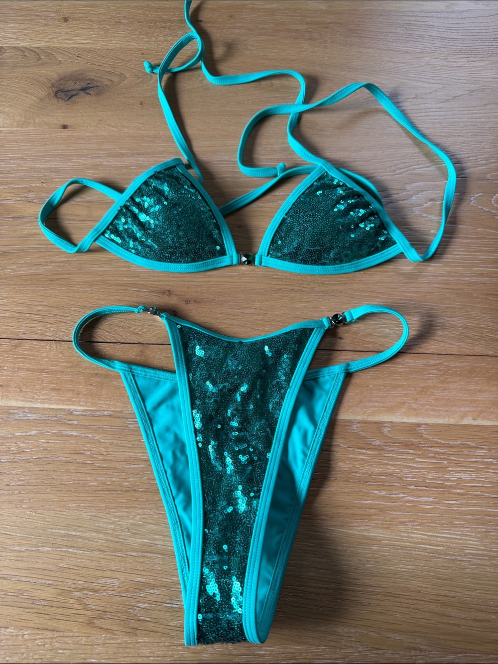 Strawberry Milk Mob Bright Teal Sequin Bikini Top